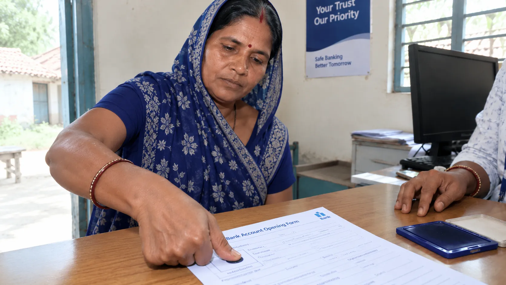 adult pressing her thumbprint on a document