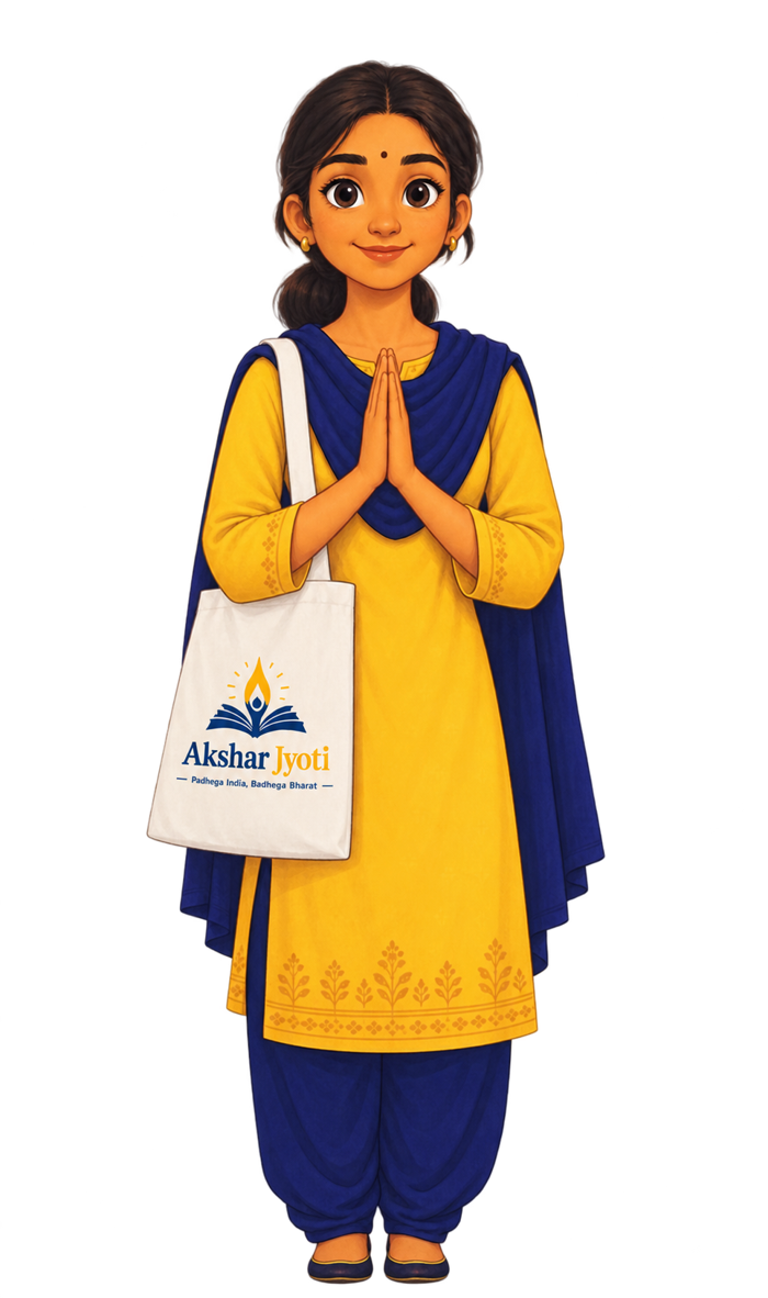 Akshara, the Akshar Jyoti volunteer teacher, greeting with folded hands and carrying an Akshar Jyoti tote bag