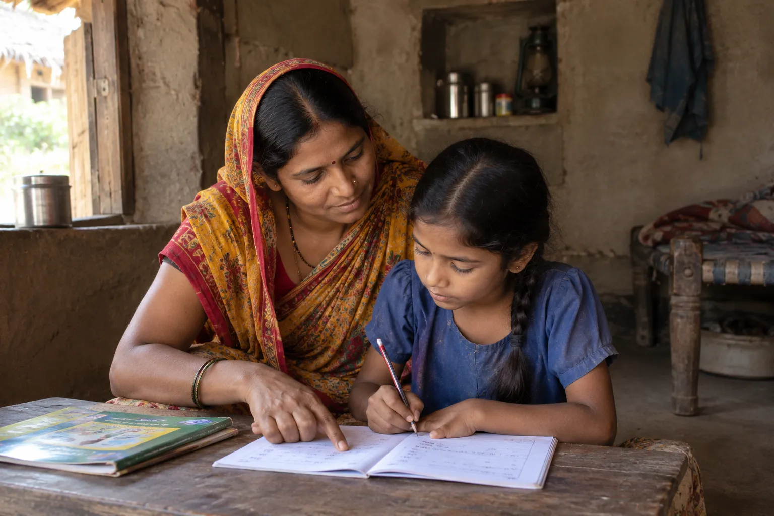 a mother helping her child with homework