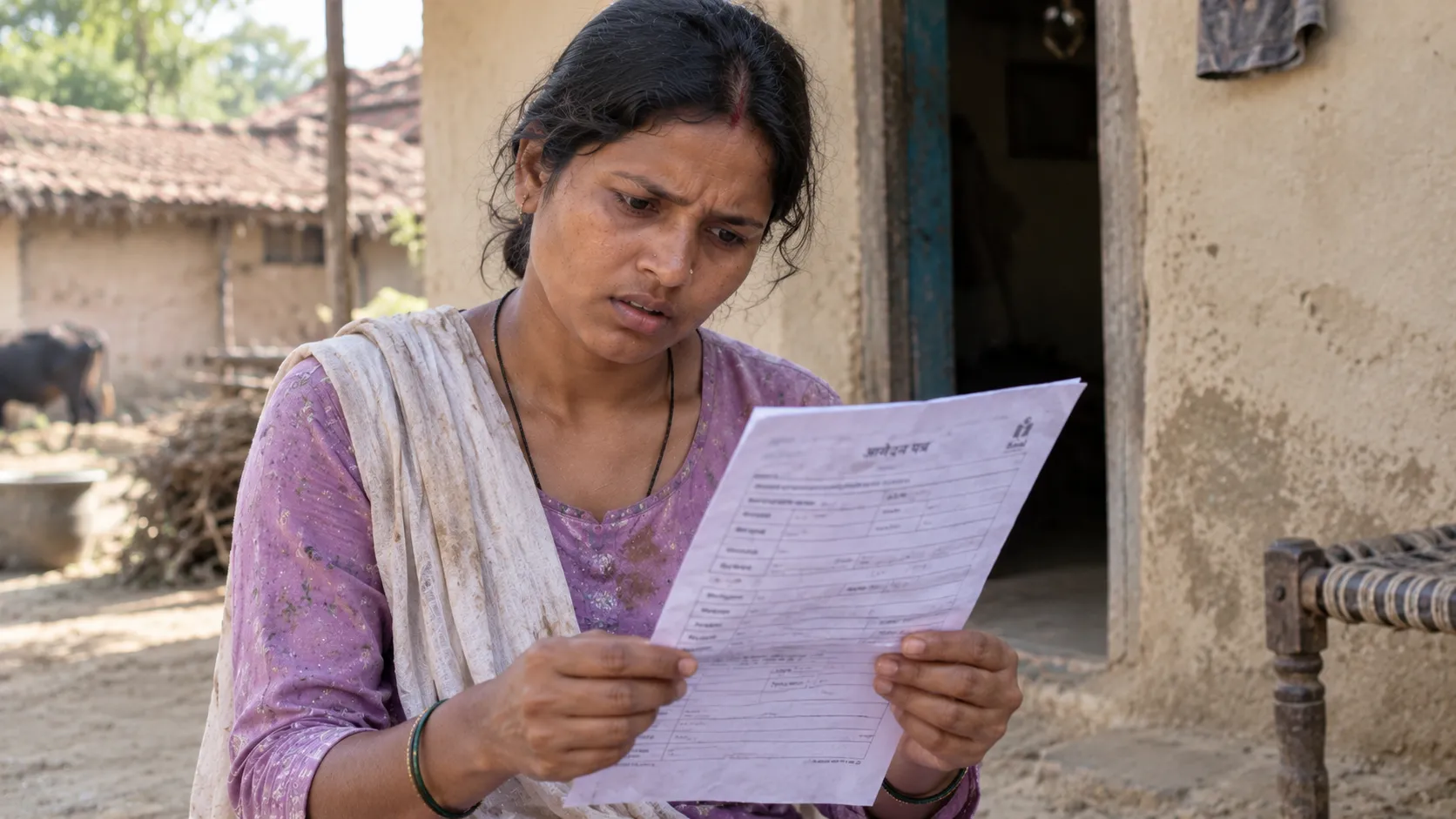 An adult woman holding a form she cannot yet read