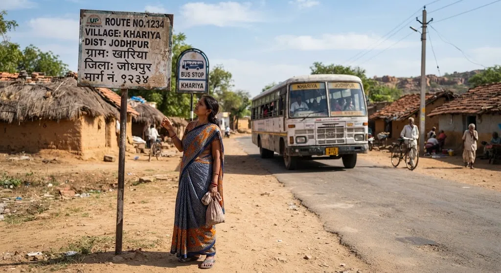 reading a road sign or bus board