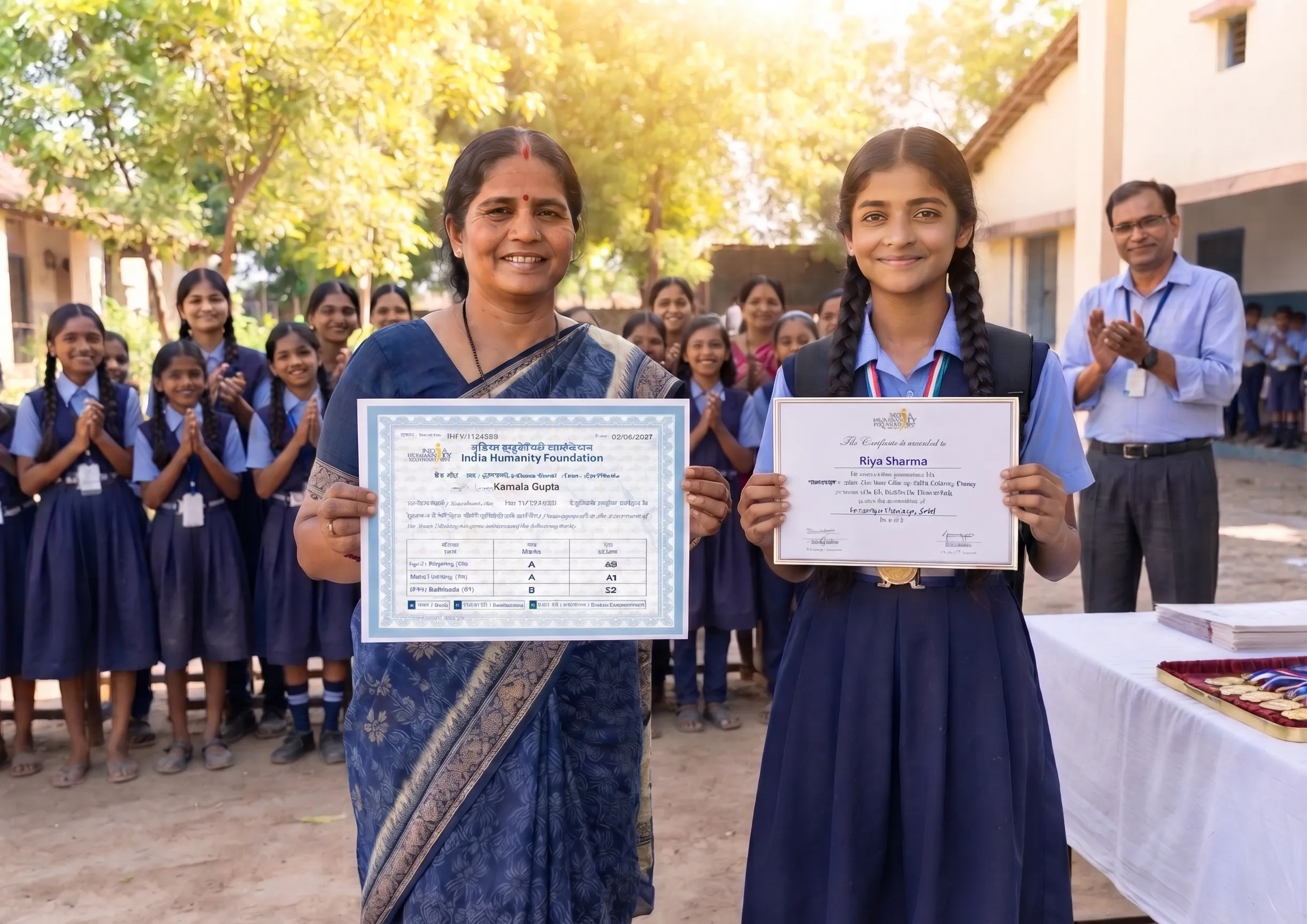 a learner and her student-teacher with
                certificates