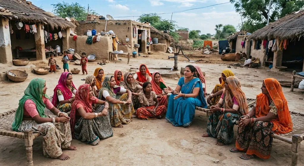  a village with no school nearby
women gathered in a village courtyard