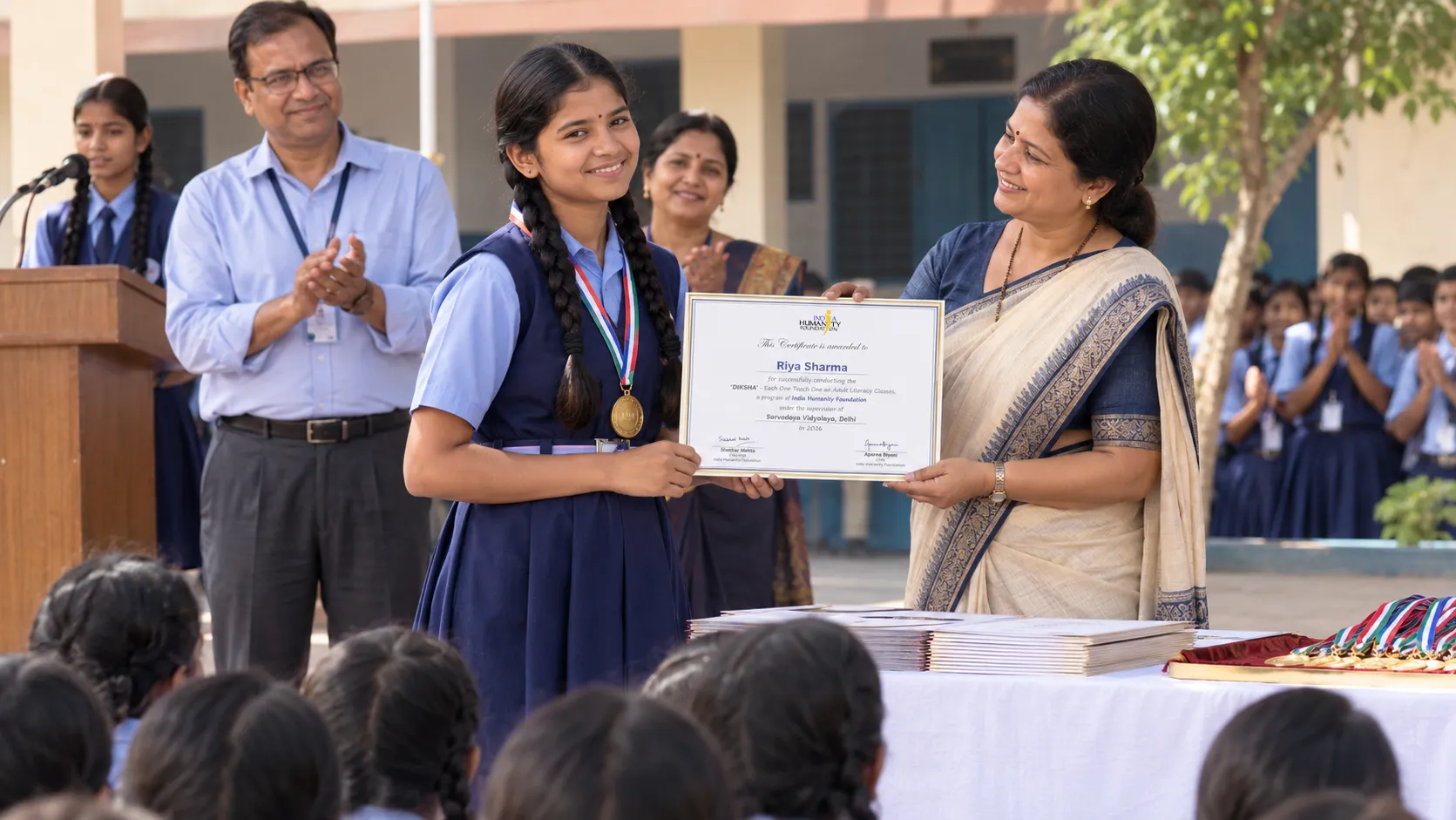 certificate / medal handover at a school assembly
                    