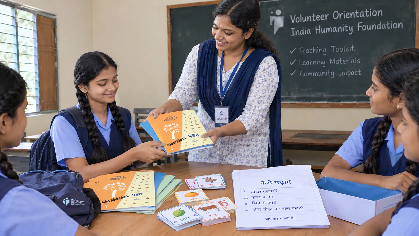 Field Officer explaining the toolkit; students holding Pathan & Disha